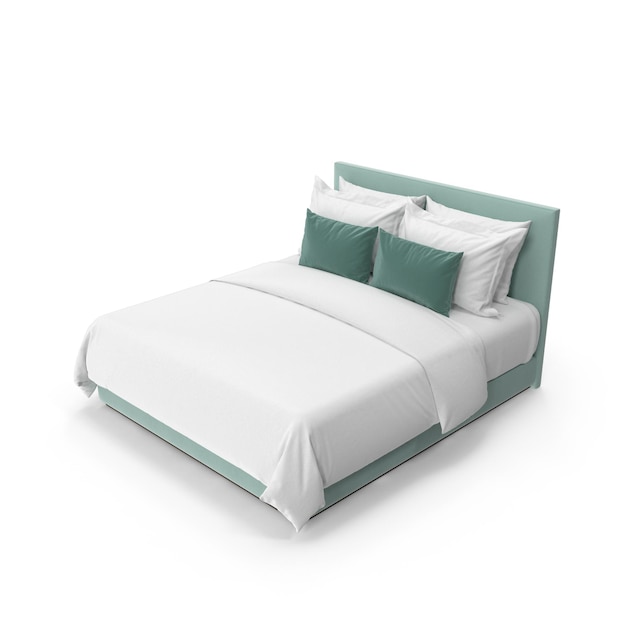 Quarto confortável e elegante com roupas de cama brancas e acentos de teal