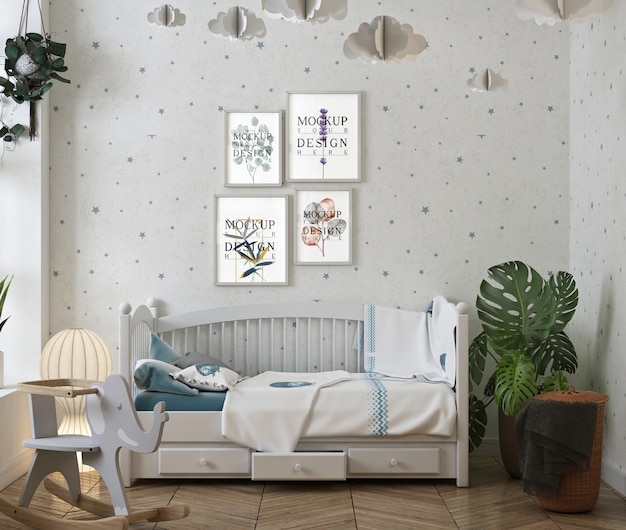 Quarto de bebê clássico com modelo de moldura de foto