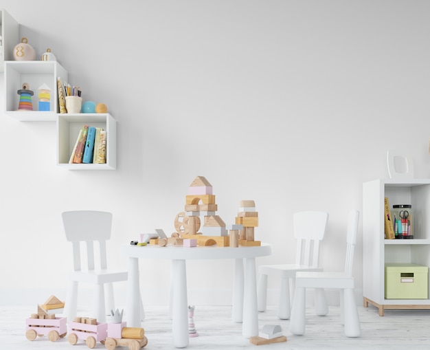 Quarto de criança com brinquedos e prateleiras