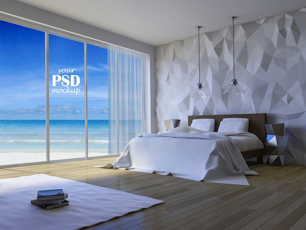 PSD quarto de design de interiores com maquete de quadro e vista maquete