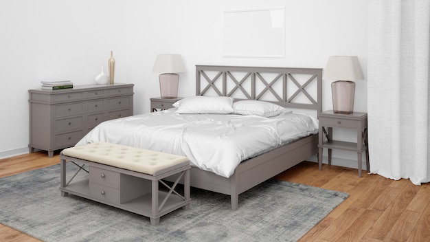Quarto de quarto ou de hotel moderno com cama de casal e móveis elegantes