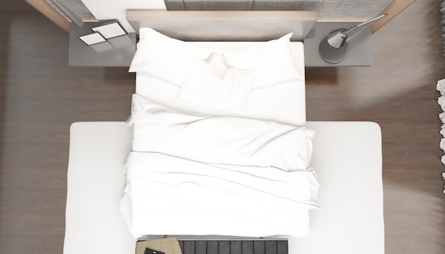 quarto duplo moderno brilhante realista com móveis na vista superior