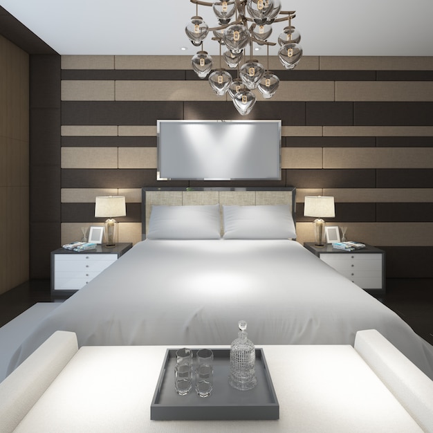 quarto duplo moderno realista com móveis e moldura