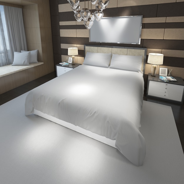 quarto duplo moderno realista com móveis e moldura