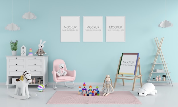 Quarto infantil azul com maquete de quadro