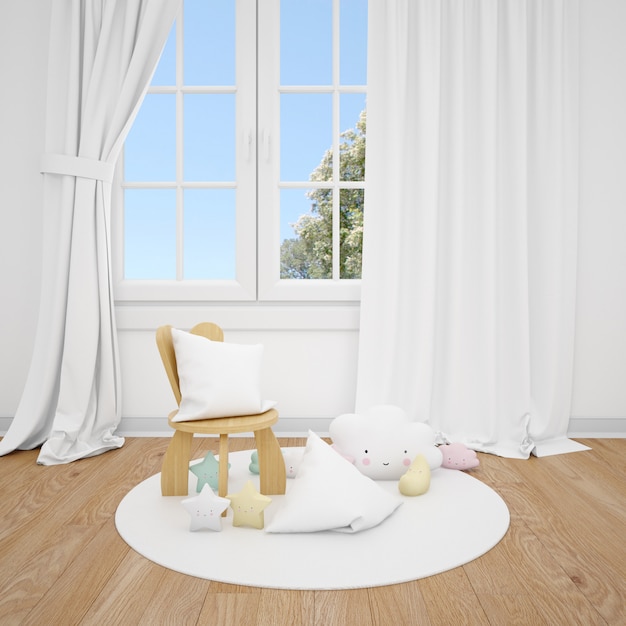 quarto infantil com cadeirinha e janela branca
