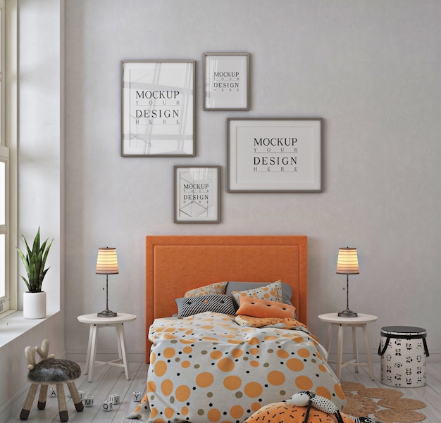 Quarto infantil com moldura de pôster de maquete