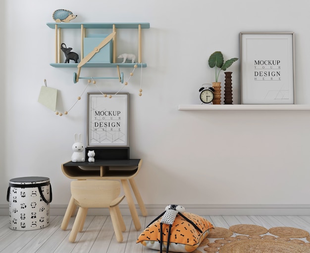 Quarto infantil com moldura de pôster de maquete