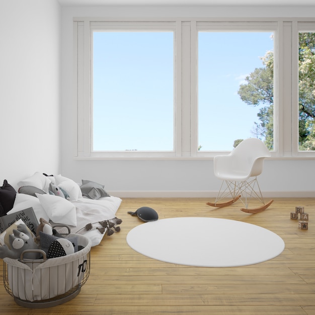 quarto infantil com sofá e carpete no chão de madeira