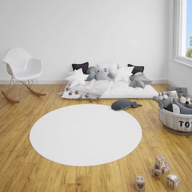 quarto infantil com sofá e carpete no chão de madeira