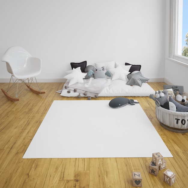 quarto infantil com sofá e carpete no chão de madeira