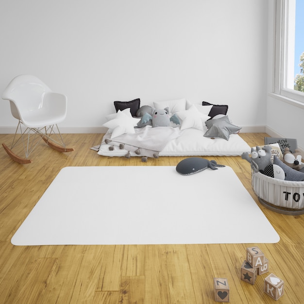 quarto infantil com sofá e carpete no chão de madeira