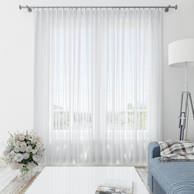 Quarto interior com cortinas brancas