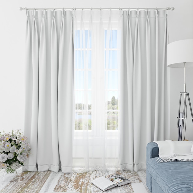 Quarto interior com cortinas brancas