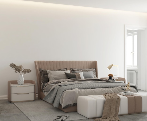 quarto minimalista moderno com parede maquete