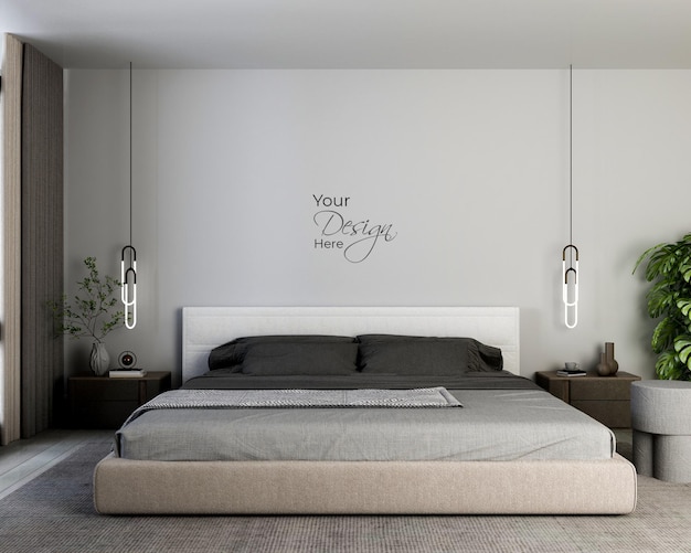 Quarto moderno e minimalista em sala com maquete de parede