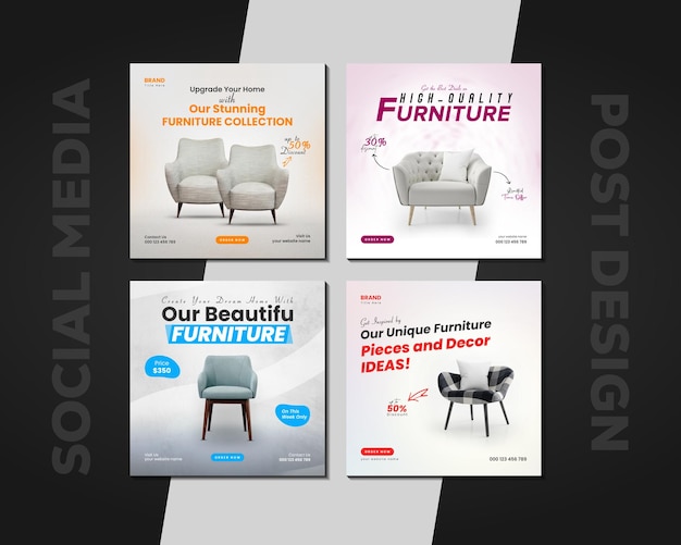 PSD quatre affiches pour une entreprise de meubles qui sont exposées.