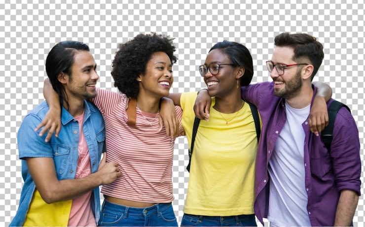 PSD quatre amis debout dans une ligne avec leurs bras l'un autour de l'autre