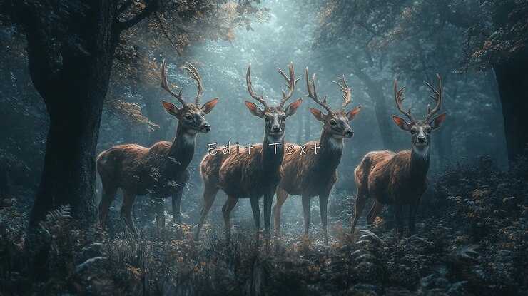 PSD quatre cerfs majestueux se tiennent dans une forêt mystique baignée d'une lumière éthérée.