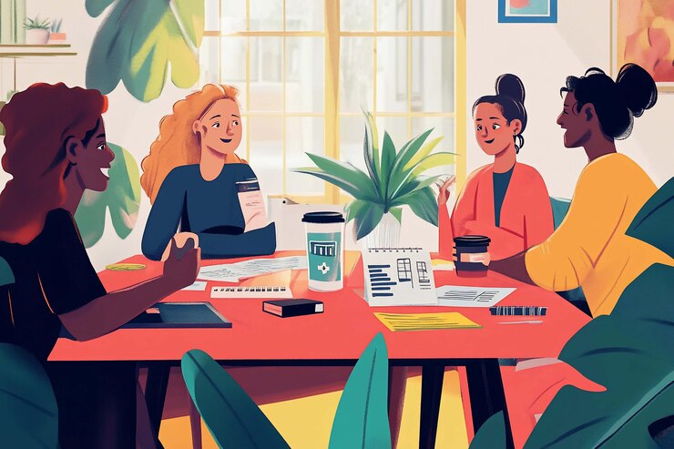 PSD quatre femmes diverses en vêtements décontractés discutent autour d'une table remplie de documents de conception et de tasses à café