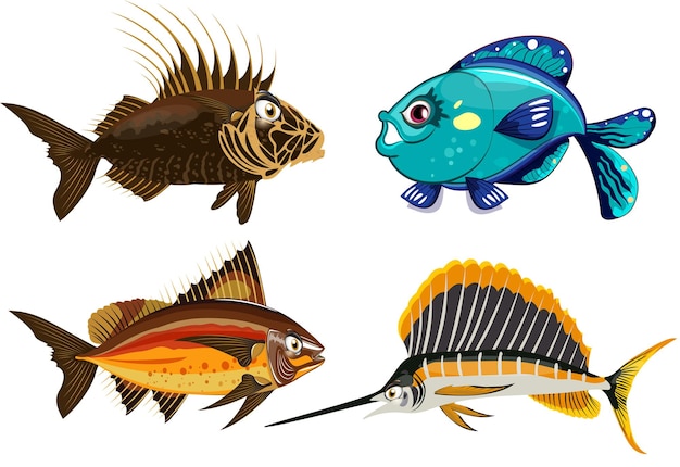 Quatre illustrations colorées sur les poissons