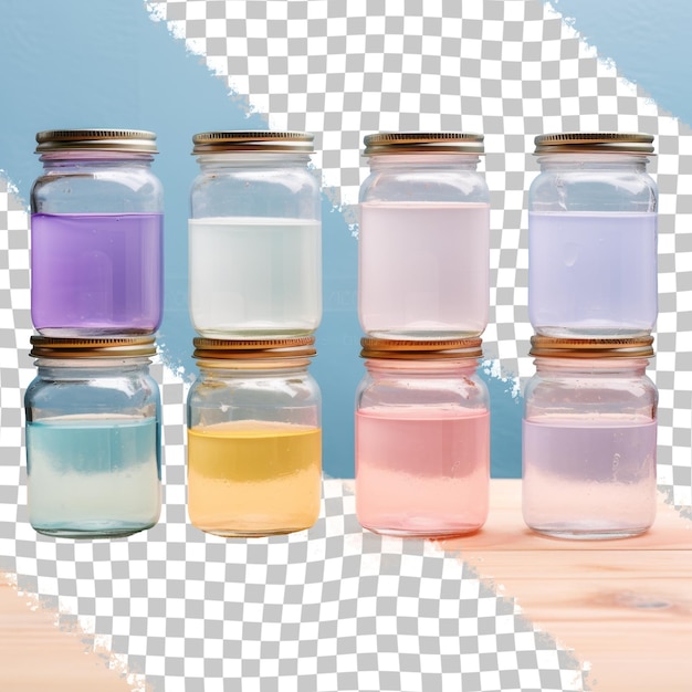 PSD quatre jarres de verre de différentes couleurs sont disposées sur une table en bois