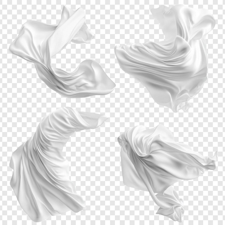 PSD quatre morceaux de tissu blanc flottant élégamment dans l'air montrant des plis doux et des draps un bel élément de conception textile