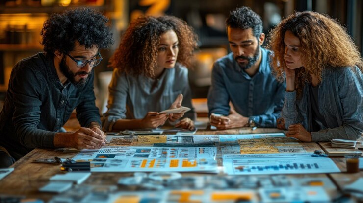 PSD quatro colegas trabalhando juntos em um projeto olhando para uma grande folha de papel com um mapa e gráficos nele. todos estão focados e envolvidos na tarefa em mão. eles estão em um ambiente de escritório.