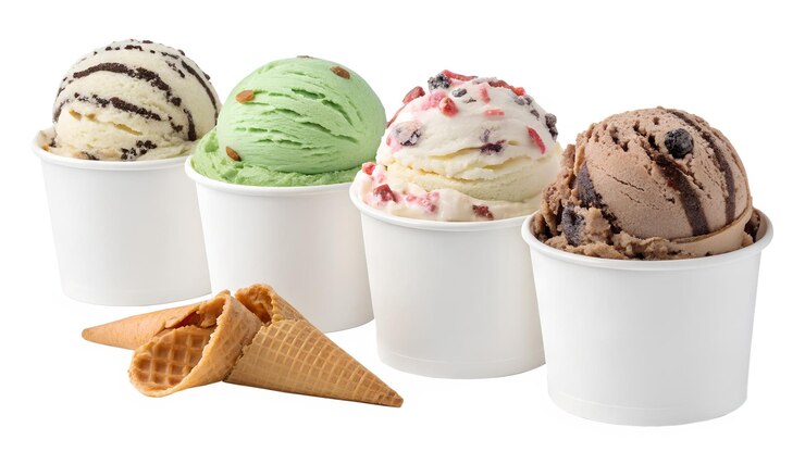 Quatro deliciosas colheres de sorvete em copos com cones de waffle