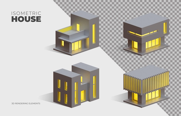 Quatro elementos isolados de renderização 3d isométrica de casas de caixa