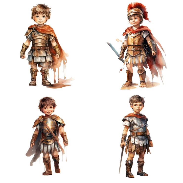 PSD quatro meninos romanos com armaduras e espadas