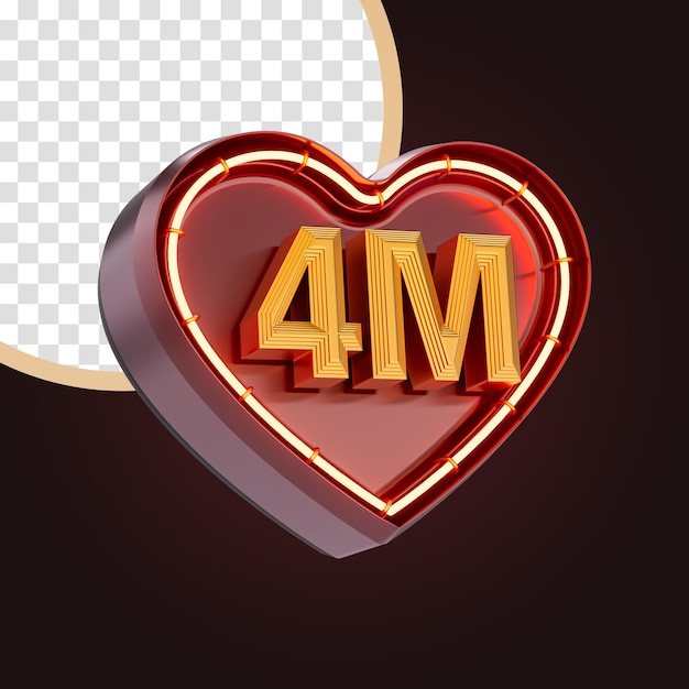 Quatro milhões ou 4 milhões de seguidores celebração amor ícone neon brilho iluminação conceito de renderização 3d