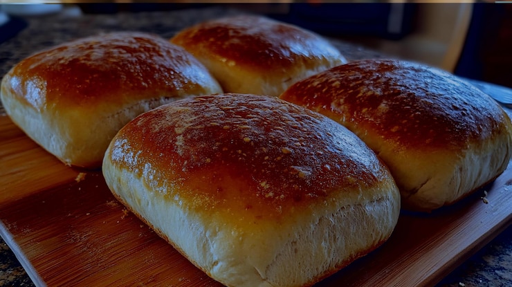 PSD quatro pães artesanais castanhos dourados de pão recém-cozido em uma tábua de madeira