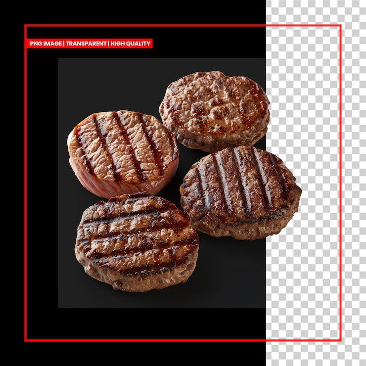 PSD quatro panquecas de carne perfeitamente grelhadas prontas para serem servidas com o fundo removido
