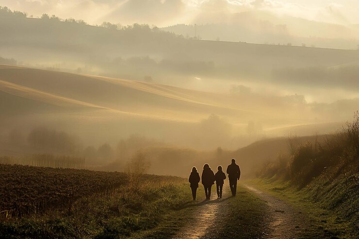 PSD quatro pessoas caminhando em uma estrada de campo através de uma paisagem nebulosa ao nascer do sol
