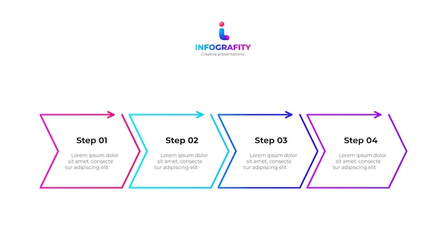Quatro setas de linha horizontal com texto Conceito de 4 opções de processo de desenvolvimento de negócios