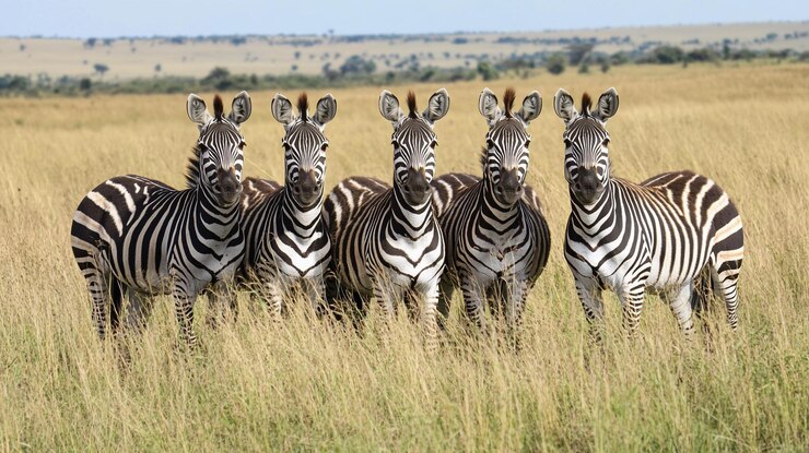 PSD quatro zebras estão de pé na grama alta olhando diretamente para a câmera