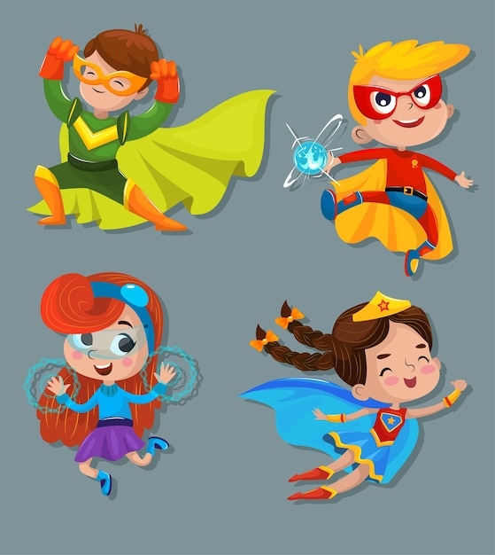 Quattro bambini supereroi pronti per l'azione