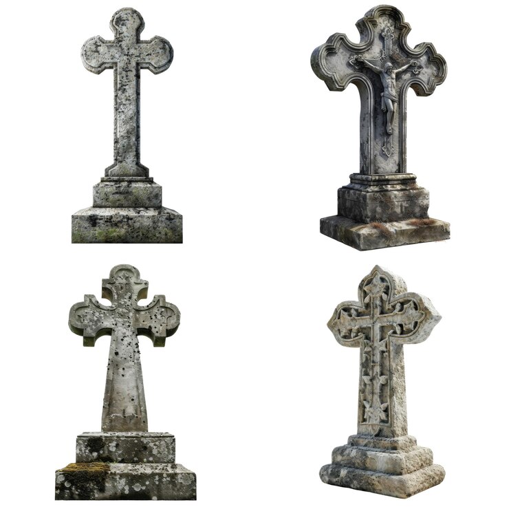 PSD quattro croci di pietra ornate su piedistalli