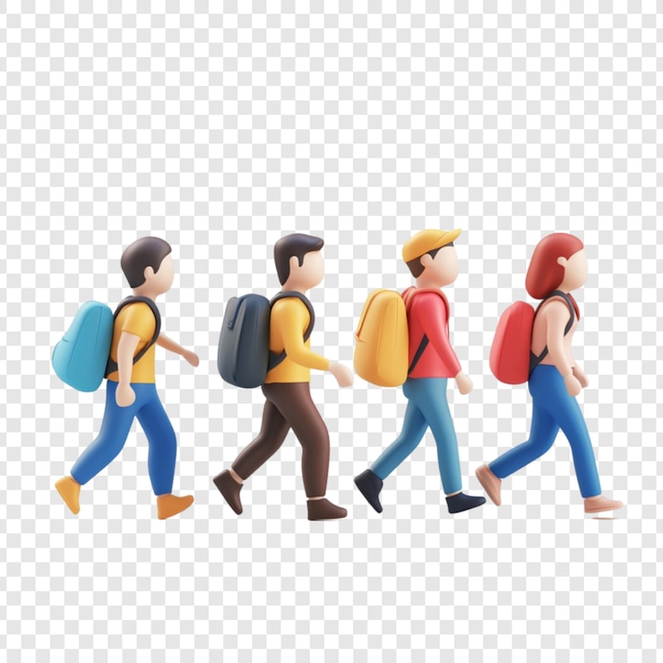 PSD quattro escursionisti 3d che camminano insieme portando zaini viaggio di avventura turismo viaggio group walk