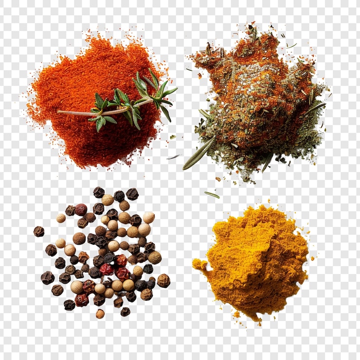 PSD quattro spezie diverse paprika erbe miste peperoncino e curcuma