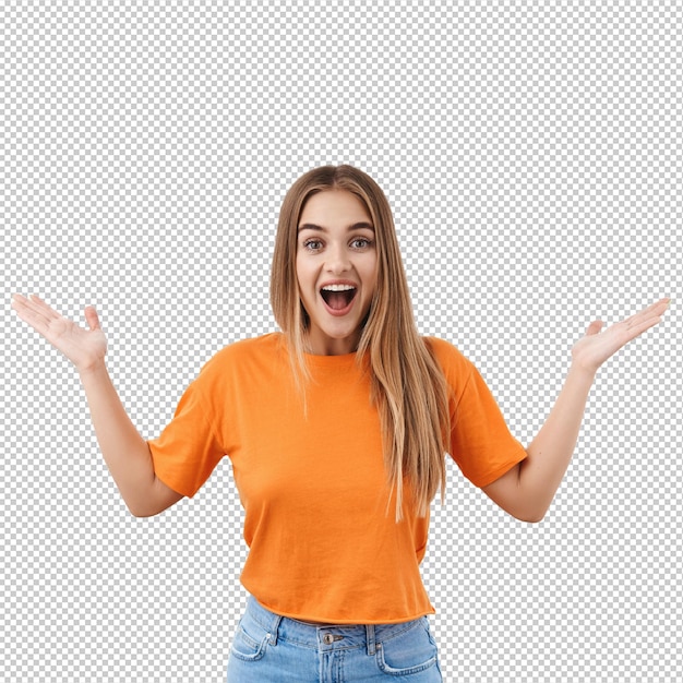 Qué maravillosas noticias El retrato de la entusiasta chica rubia expresa alegría y sorpresa