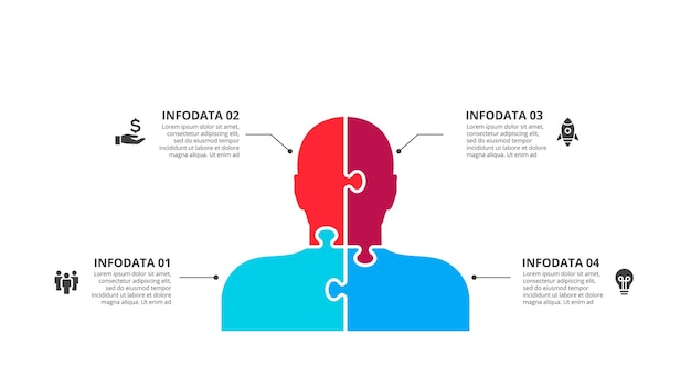 PSD quebra-cabeça infográficos de silhueta humana com 4 opções