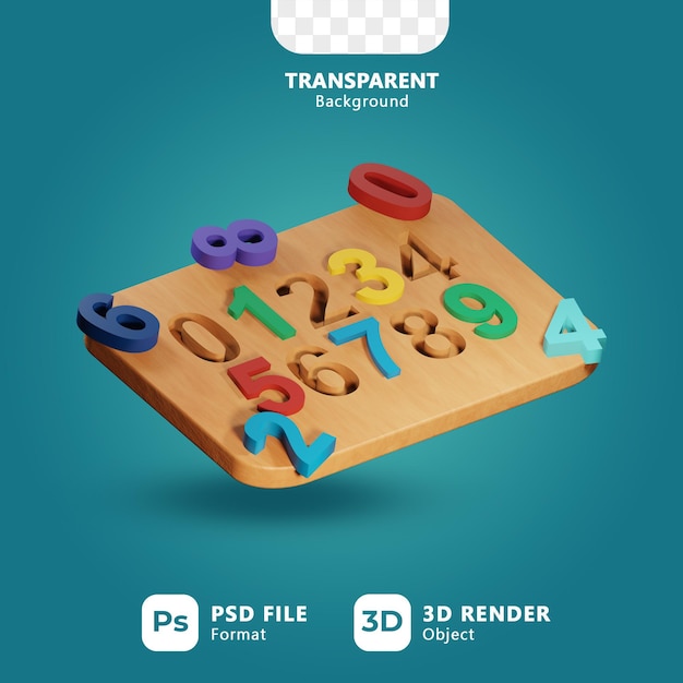 PSD quebra-cabeça numérico para brinquedos de bebê montessori em renderização 3d isolada com fundo transparente