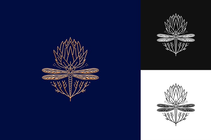 PSD queen protea con contornos de alas de libélula e íconos básicos con diseño vectorial de ilustraciones creativas