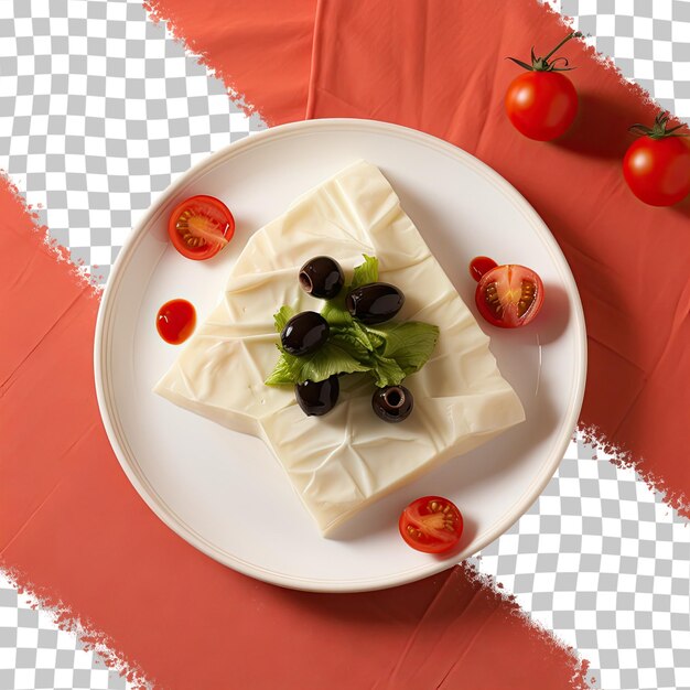 PSD queijo brie com salada de azeitonas e tomate em uma mesa de madeira