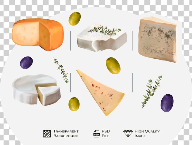 Queijo diferente isolado desenhado à mão maasdam edam roquefort brie parmesan feta gouda cheddar