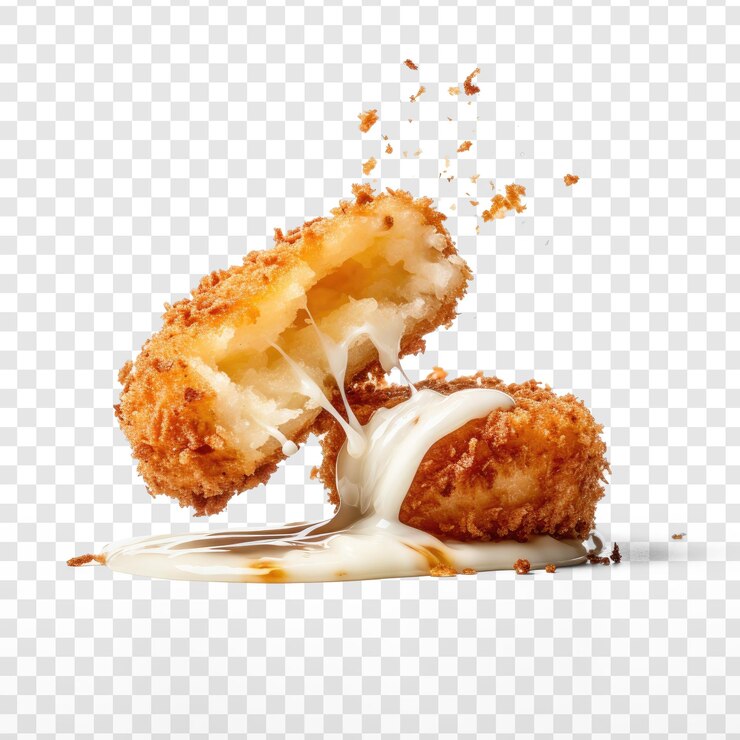 Querschnitt einer Krokette mit herausfließendem dampfendem Mozzarella-Käse auf transparentem Hintergrund