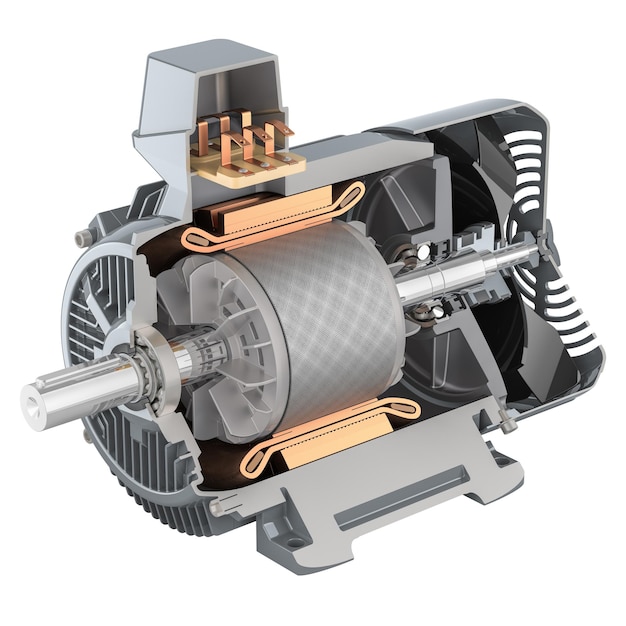 Querschnitt eines 3D-Renderings eines industriellen Elektromotors, isoliert auf durchsichtigem Hintergrund