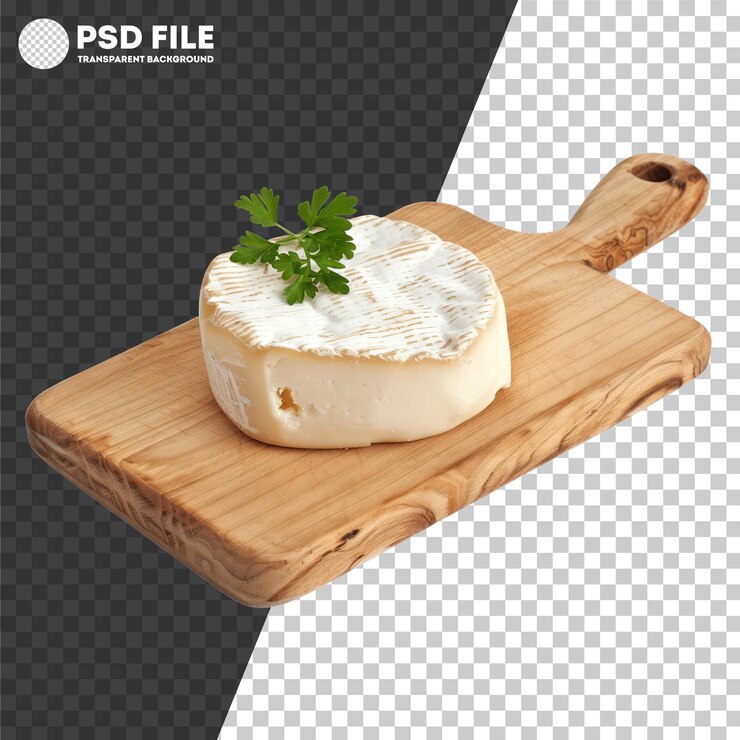 PSD queso artesanal en una tabla de madera rústica con hierbas frescas en un fondo transparente